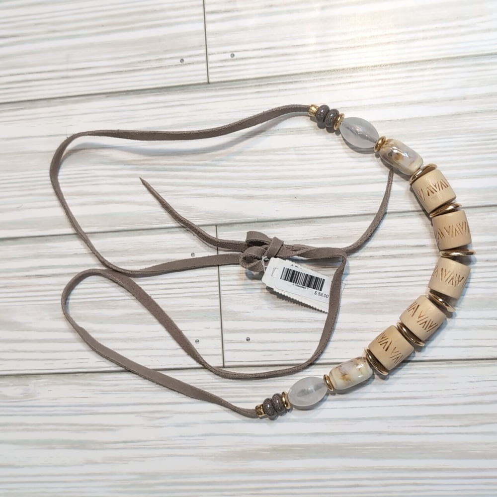 J. Jill Wood Etched Beads & Agate Necklace w/ Leather Tie NWT